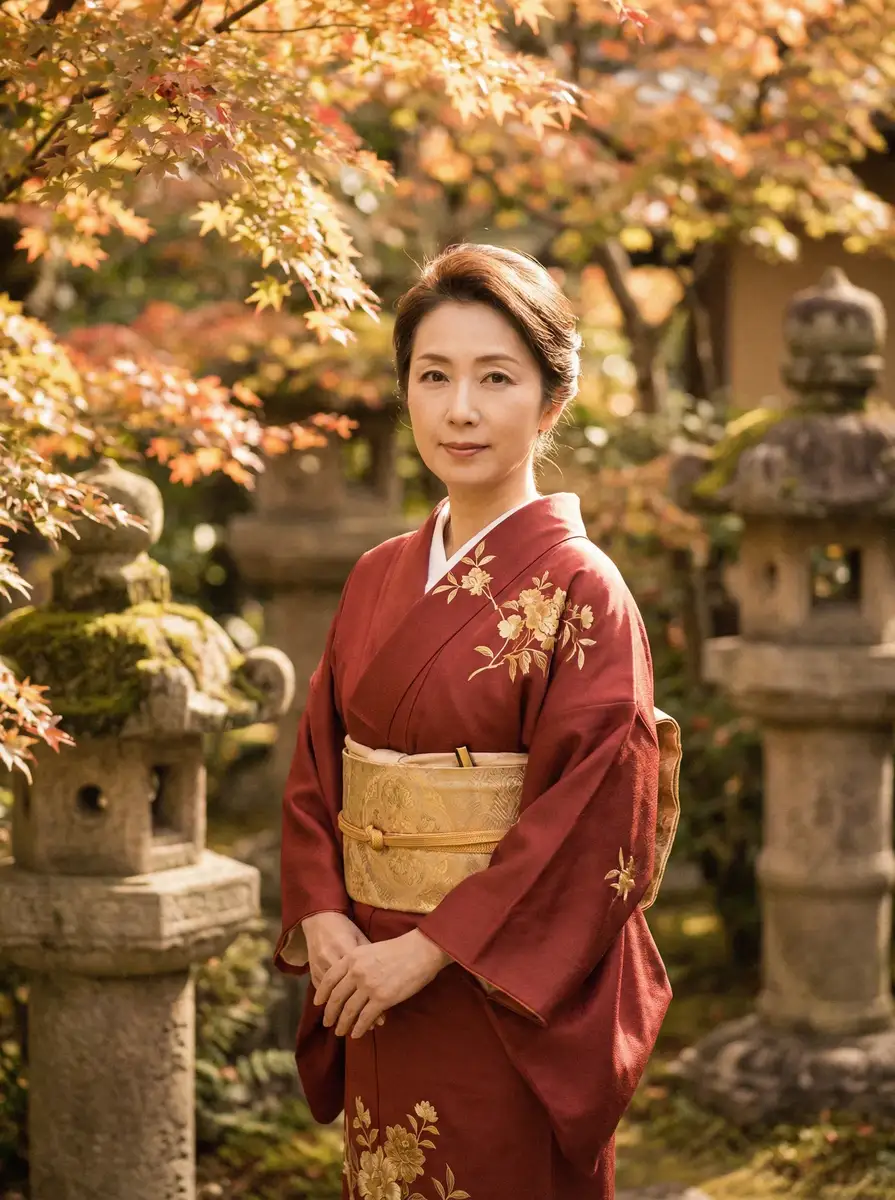 一位身穿暗红色和服的优雅 9960彩娱乐平台 在日式庭院中